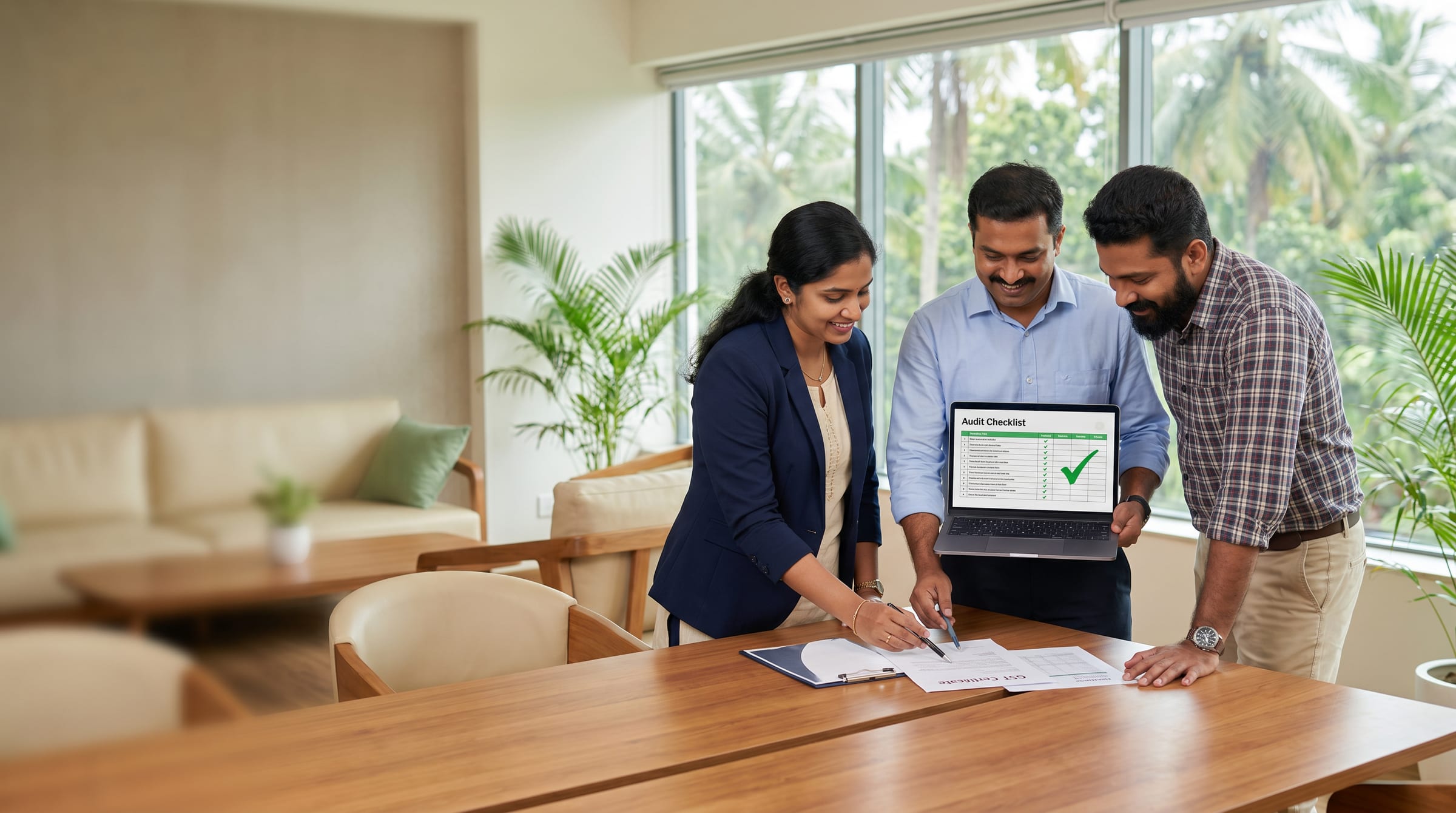 Three team members reviewing an audit checklist and GST paperwork at a worktable