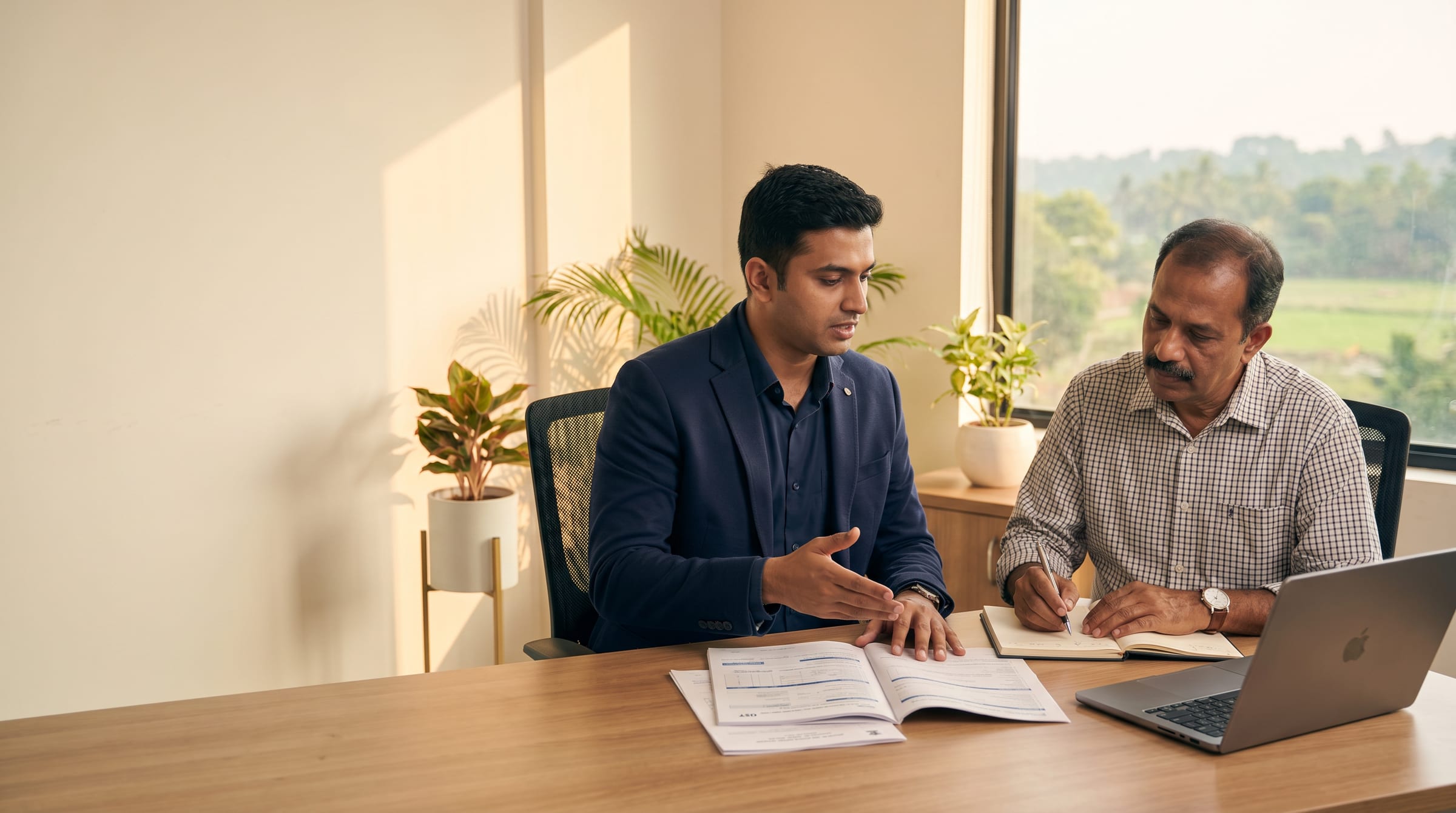 Consultant talking a client through a printed plan across a desk