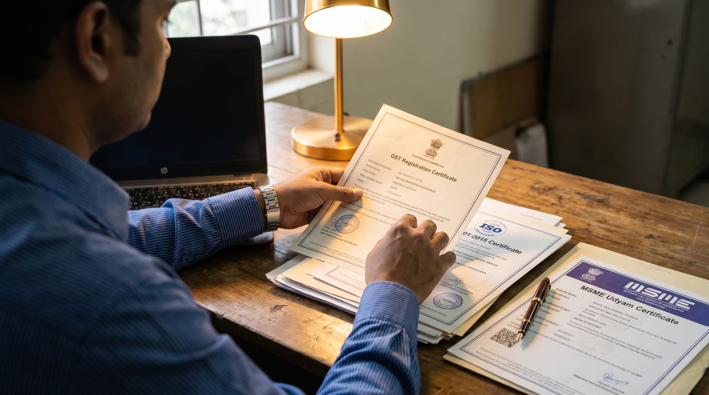 GST, ISO 9001:2015 and MSME Udyam certificates reviewed under a desk lamp